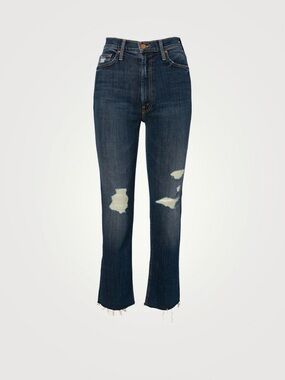 MOTHER High Rise Rider Ankle Fray in Wicked WildflowerDark Blue Distressed Jeans